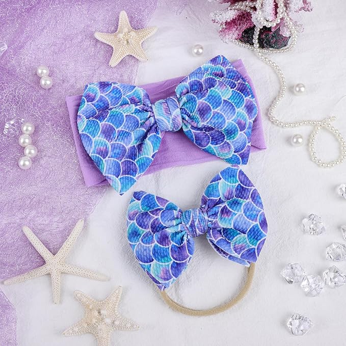 4.5'' Baby Bows Handmade Headbands 6'' Printed Tied Bow Elastic Nylon Hair Accessories for Baby Girls Newborn Infant 2 Pcs mermaid