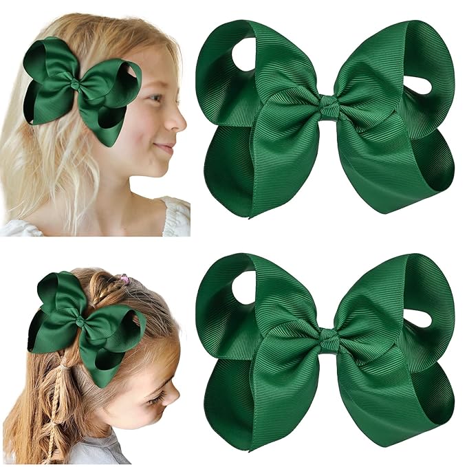 DEEKA 2 PCS 6" Big Hand-made Grosgrain Ribbon Solid Color Hair Bows Alligator Clips Hair Accessories for Little Teen Toddler Girls Kids Set of 2 -Hunter Green