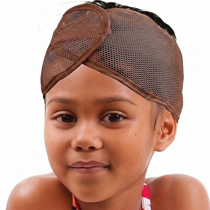 DONNA Comfortable Mesh Wrap for Kids – Adjustable Velcro Hair Wrap with Cool Mesh Fabric – Wide Headband Design for Natural Hair Protection (BROWN)