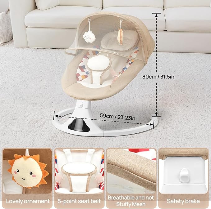 Baby Swing for Infants, Bluetooth Baby Swing with Remote Control, Portable Infant Swings with 5 Speed Motions, 12 Soothing Lullabies, Designed for Newborns (Max 20 lbs Beige)