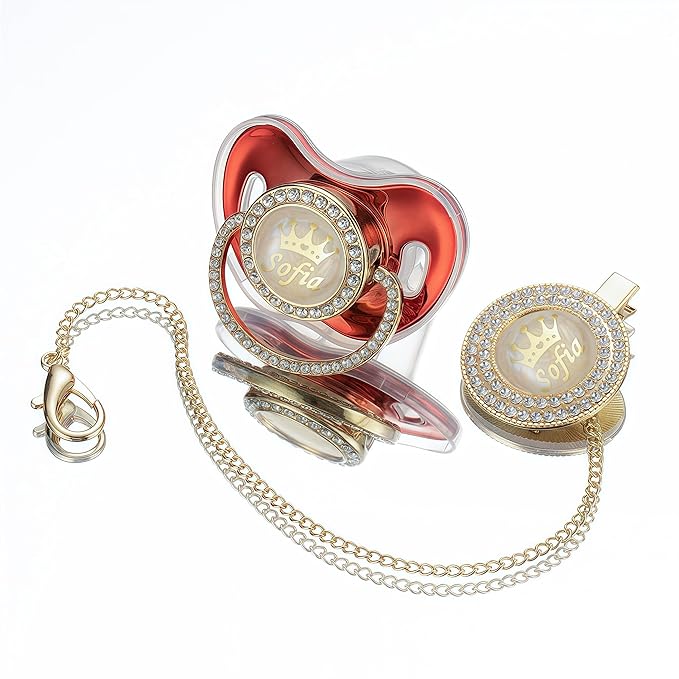 Sparkling Bling Custom Baby Pacifiers and Clips/Holder Kit with Name Personalized with Rhinestones for Boy and Girl Baby Shower (Gold)