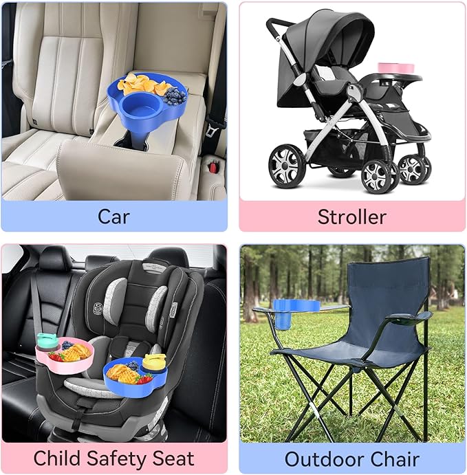 Car Seat Cup Holder for Kids 2PCS Kids Travel Tray with Snack Tray, CarSeats Snack Trays for Toddler, Car Cup Holder for Safety Seats, Fits Stroller & Booster (bluepink)