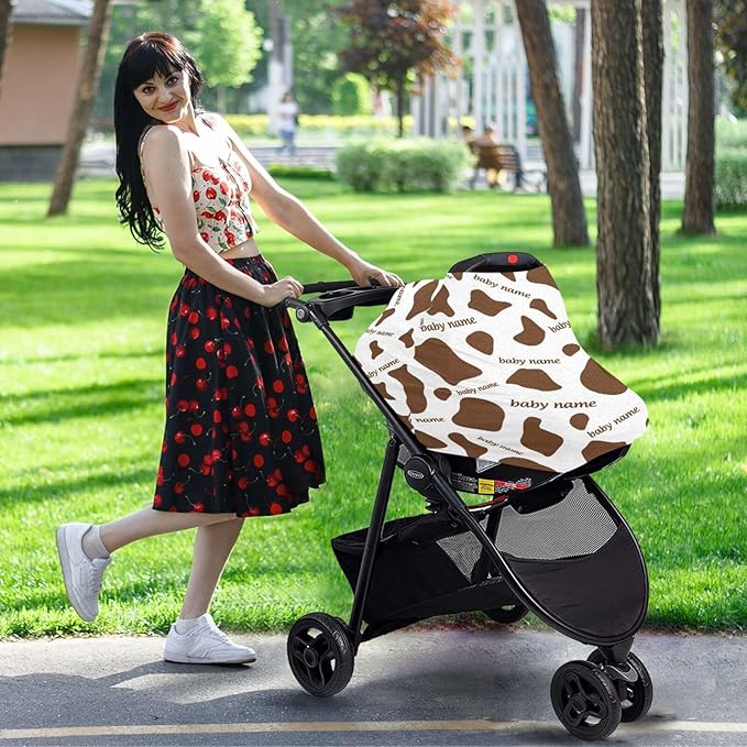Personalized Baby Car Seat Cover for Babies, Custom Name Baby Car Seats Canopy for Boys Girls, Cow Stripes Brown Nursing Breastfeeding Stroller Covers for Infant Newborn, Shower Gift for Baby