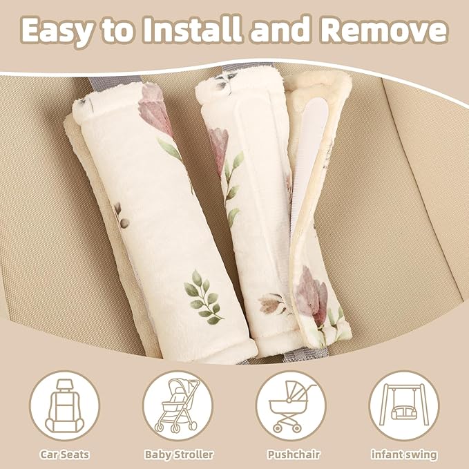 SWESEN Baby Car Seat Strap Covers, Soft Car Seat Strap Shoulder Pads for Baby Girls, Double-Sided Use carseat Straps Covers for Stroller, Car Seats, Pushchair, Florals