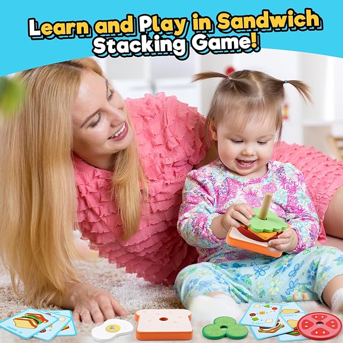 Wooden Sandwich Sorting Stacking Toys Play Food Set for Toddlers Preschool Educational Montessori Toys Fine Motor Toy for Kids Boys Girls