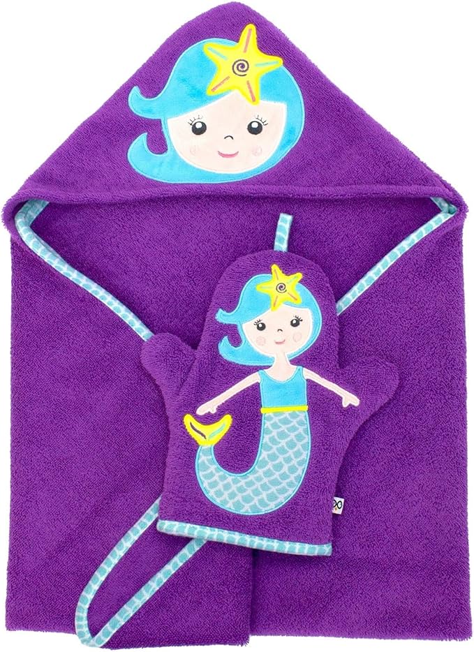 ZOOCCHINI Bath Mitt for Kids – 100% Cotton Terry with Soft Lining, Playful Animal Puppet Design for Fun Bathtime, One Size 5” x 9.25”, Maya the Mermaid