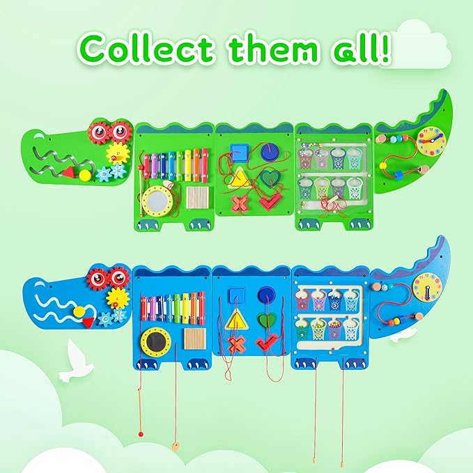 Spacocld Crocodile Sensory Toys Activity Wall Panels - Montessori Busy Board, Toddler Learning Panel, Wall-Mounted Playroom/Daycare Educational Toys, Interactive Wooden Gift for Kids 3-6, Green