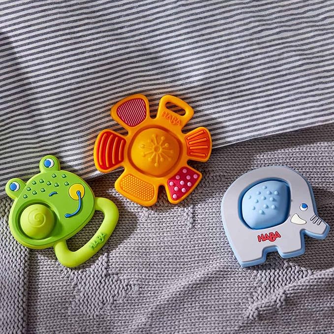 HABA Silicone Teethers for Babies 6-18 Months - Popping Frog Fidget Toy and Silicone Teether Ring and Grasping Toy for Safe Sensory Development - Dishwasher Safe Baby Essentials