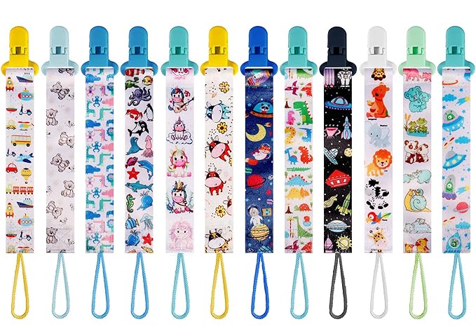 12 Pack Baby Pacifier Clips, Cute Multi-Pattern Pacifier Holder, Stylish Printed Design for Boys Girls, Secure Clip, Practical Baby Boy Shower Gift (Multicolor H 26cm)