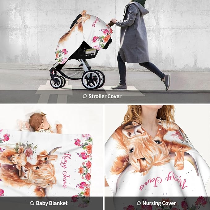 Personalized Baby Car Seat Canopy with Name Custom Minky Highland Cow Car Seat Covers Nursing Cover for Breastfeeding Multi-Use Cover Infant Carrier Carseat Winter Cover for Newborn Girls Boys