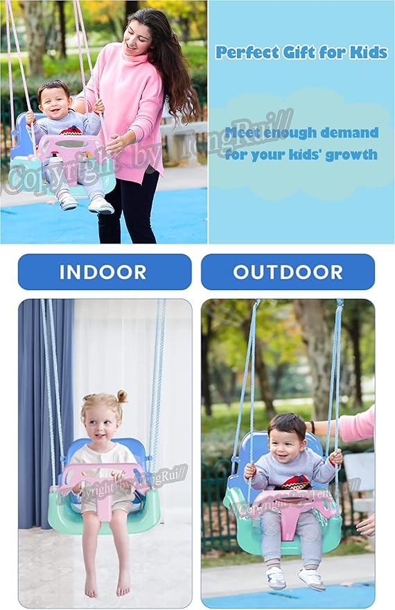 3-in-1 Swing Anti-flip Snug & Detachable for Toddler to Teenager Macarons Color Outdoor Patio Play(Light Green Chair+Pink Handrail)
