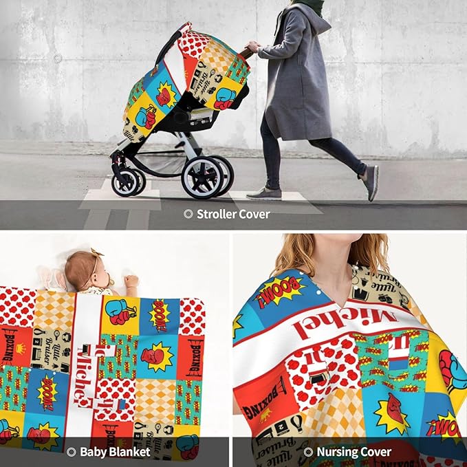 Custom Baby Car Seat Canopy with Name, Personalized Boxing Baby Car Seats Covers for Baby Boy, Opening Minky Nursing Breastfeeding Cover for Infant, Carseat Canopies for Newborn