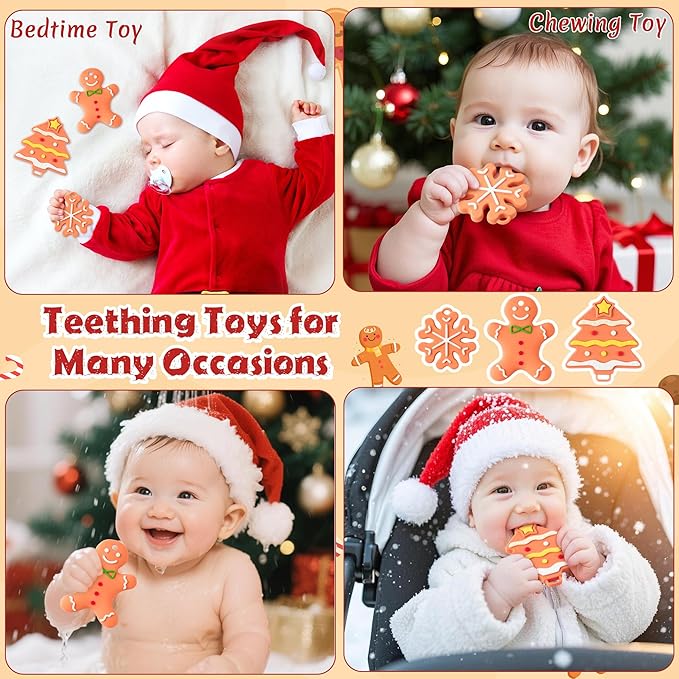 Christmas Baby Silicone Teething Toys - 3Pcs Gingerbread Tree Snowflake Design Baby Soothe Teething Chew Toys Infants Soft Teether Toys Toddler The First Christmas Gifts for Babies Newborn 6-12 Months