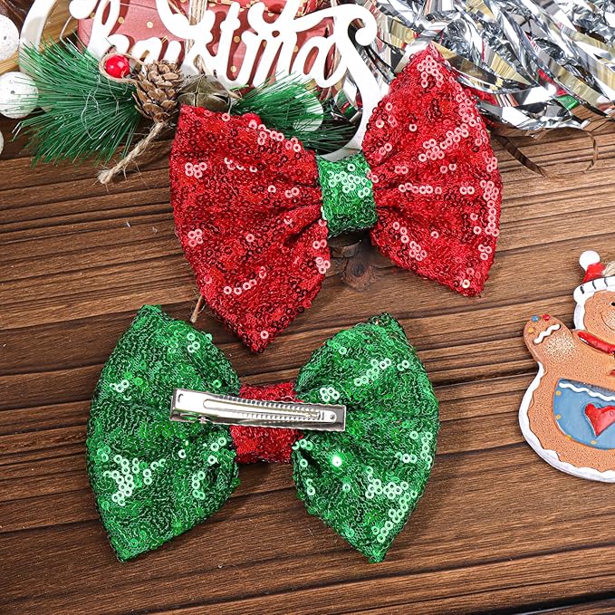 Christmas Hair Accessories - Sequins Bows Alligator Clips with Clips for Girls, Women, Toddlers in Red, White, Green