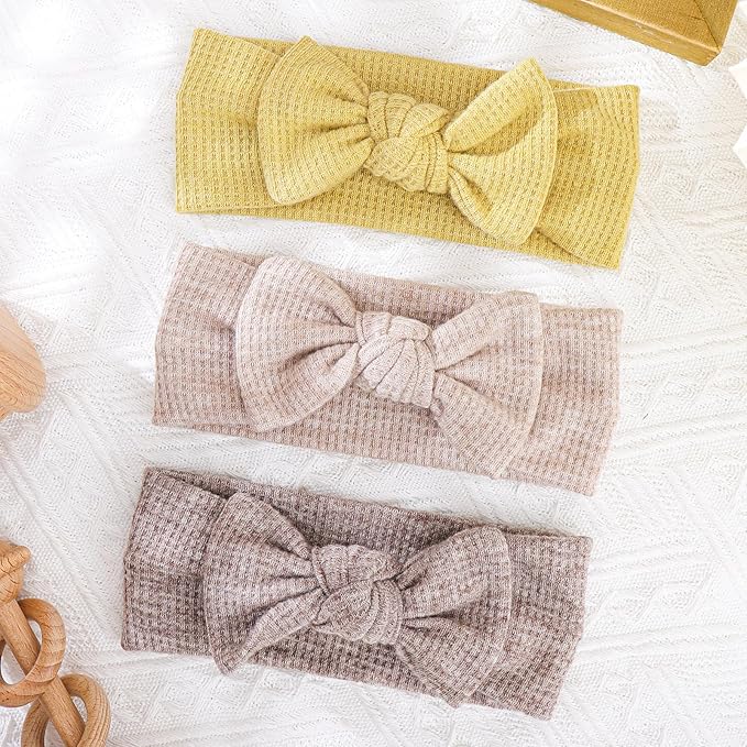 Handmade Hairbands with Bows, 4'' Baby Girls Headbands, Soft Hair Accessories for Infant Toddler, 3Pcs Dark Coffee Light Coffee Yellow