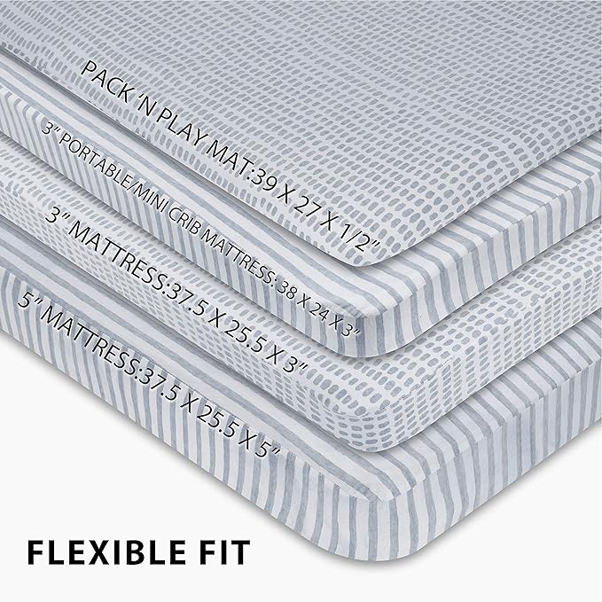 Ely’s & Co. Waterproof Pack and Play/Mini Crib Sheets – All-in-One Mattress Protector and Fitted Playard Sheets – Jersey Cotton – Blue Splash & Stripes, Baby Boy Nursery Bedding Essential – 2-Pack