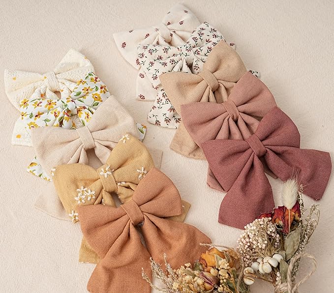Hair Bows with Hair Clips for Girls Toddler Baby,Handmade 5" Flower Print Embroider Big Bows,FANCY CLOUDS Boutique Hair Accessorioes Gifts for School Kids