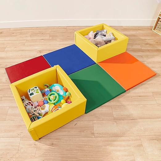 ECR4Kids SoftZone Play Patch Activity Mat Squares, Modular Playmat, Assorted, 4-Pack