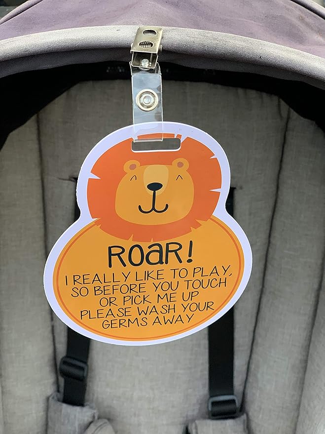 (Three Little Tots) Lion Tags TWO PACK- Baby Safety No Touching Car Seat Sign, Stroller Sign, Newborn Car Seat Tag, Baby Preemie No Touching Car Seat Sign- CPSIA Safety Tested (Lion)