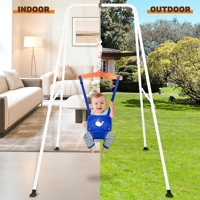Baby Jumper with Stand, Foldable Activity Jumper for Infants, Height Adjustable Baby Bouncer No Doorway Needed Toddler Jumper, Portable Indoor Outdoor Baby Activity Center for 6-12 Months (Blue)