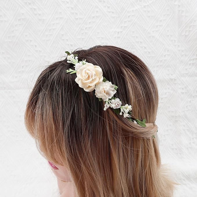 Flower Girl Flower Crown Pink Baby Girls Floral Headpieces Kids Headband Children Hair Wreath Photo Prop (ivory-Child Size)