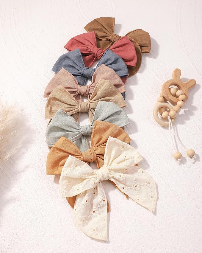 Doboi 8PCS Baby Girls Hair Clips Fable Hair Bows Cotton Linen Bows for Girls Hair Accessories for Baby Toddlers Kids (Includes Beige Cutout Hair Clip)