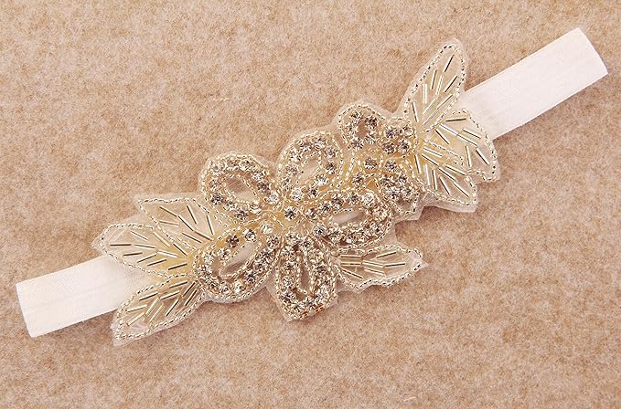 Nishine Girls White Rhinestone Flower Headband Pack Baby Christening Baptism Headband for Baby Shower Wedding Hair Accessories (Leaf Flower-White/Pink)