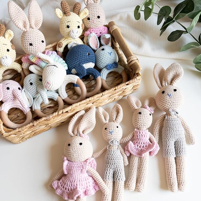 Handmade Cotton Crochet Amigurumi Rattle - Educational Baby Stuff for New Moms, Stuffed Animals for Infants, Baby Boy Stuff - Blue Whale with Wooden Handle - Perfect for Newborns and Toddlers