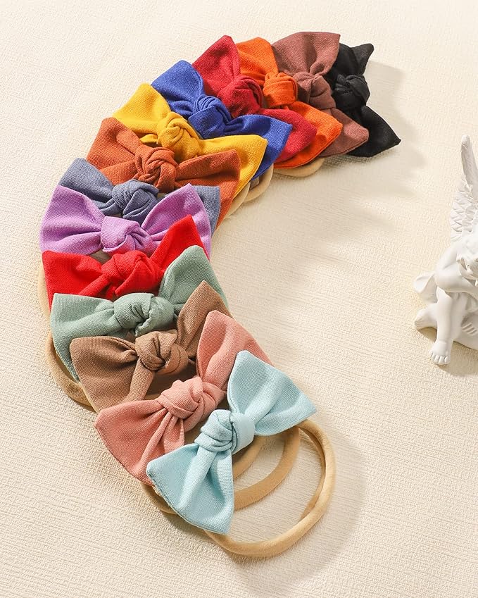 jollybows 20PCS 3.2" Baby Girls Linen Headbands Hair Bows Stretchy Nylon Hairbands for Newborn Infant Toddler Hair Accessories