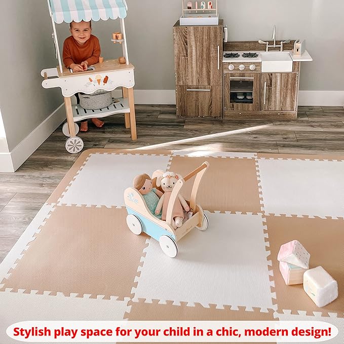 Extra Thick Baby Play Mat Tiles Non-Toxic Foam Floor Puzzle Mat Extra Large Interlocking Activity Playmat for Infants Toddlers Kids Crawling Tummy Time 74x74 Inches (Beige/White)