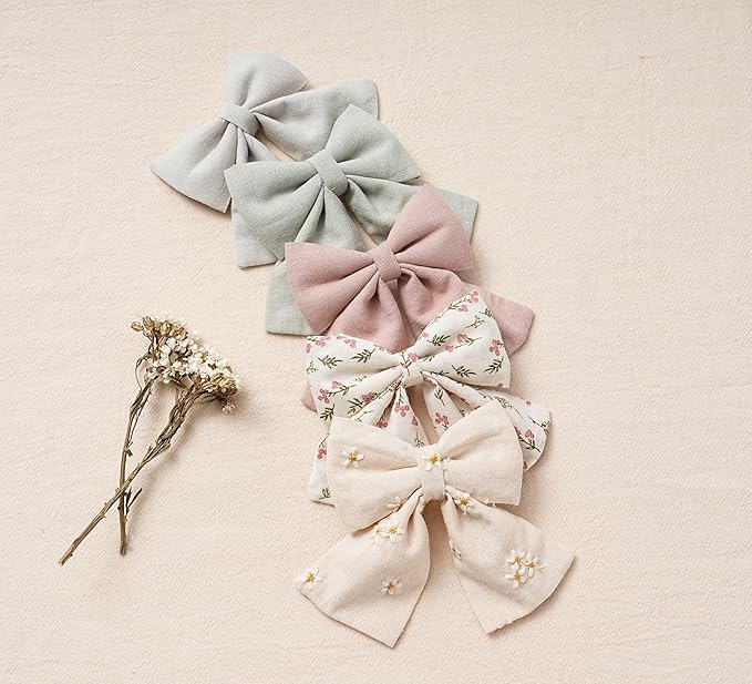Hair Bows with Hair Clips for Girls Toddler Baby,Handmade 5" Flower Print Embroider Big Bows,FANCY CLOUDS Boutique Hair Accessorioes Gifts for School Kids