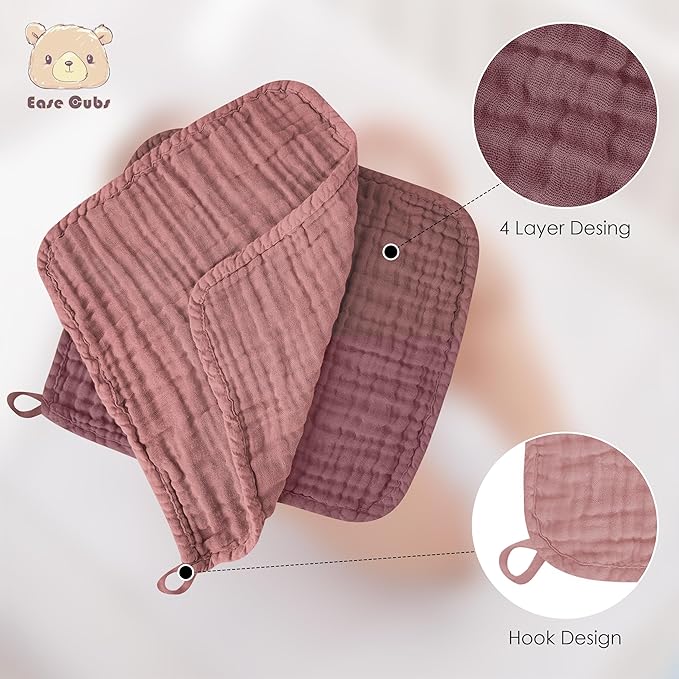 Ease Cubs 12 Pack Muslin Washcloths for Baby - 100% Cotton Baby Wash Cloths for or Baby Face Body Comfy and Soft for Newborn Infants Kids Girls and Boys - 12"x12" - Brown, Honey and Bean Paste Series