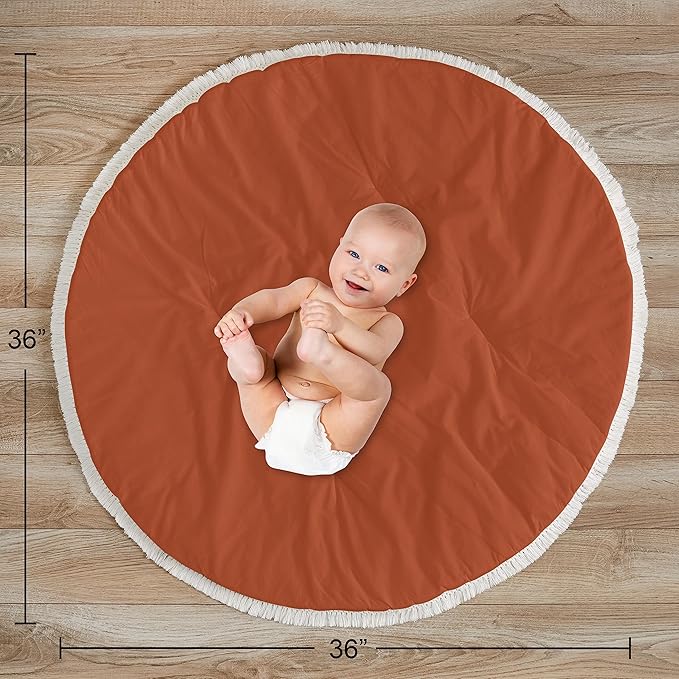 Sweet Jojo Designs Orange Boho Bohemian Boy Girl Baby Play Mat Tummy Time Activity Infant Playmat Playpen Teepee Floor Burnt Rust Ivory Off White Farmhouse Shabby Chic Designer Modern Tassel Fringe
