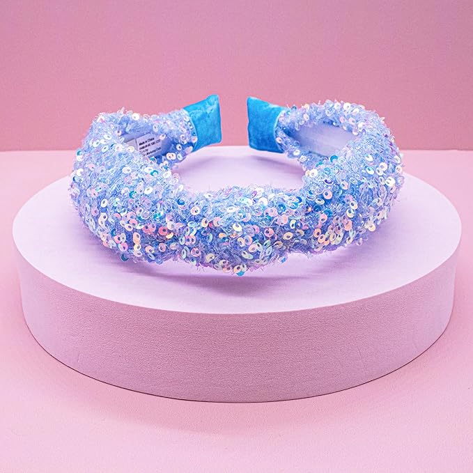 FROG SAC Sequin Knot Headband for Girls, Blue Knotted Hair Bands Accessories for Kids, Sparkly Iridescent Little Girl Headbands, Cute Fashion Hairbands for Tweens Stocking Stuffers for Children
