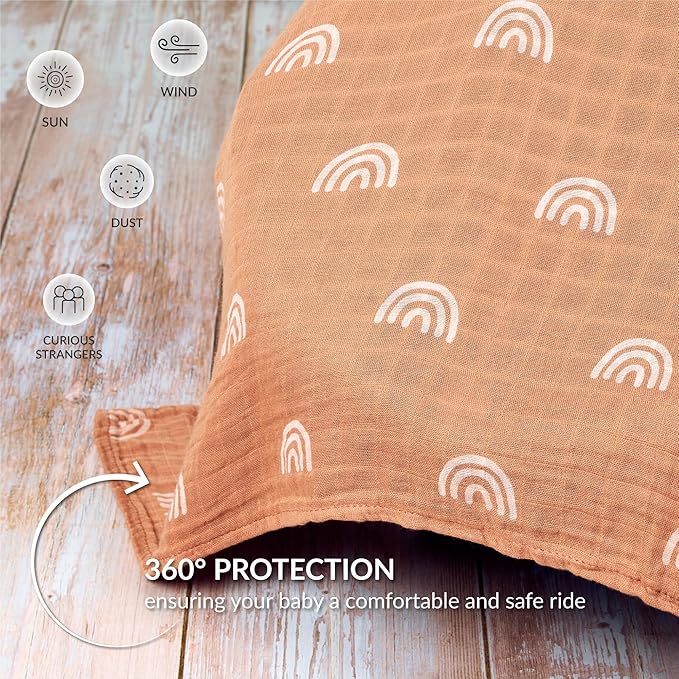 Meracorallo Muslin Baby Car Seat Cover, 2 Pack Lightweight Breathable Soft Infant Carrier Cover Carseat Canopy for Baby Boys and Girls, Rainbow & Beige