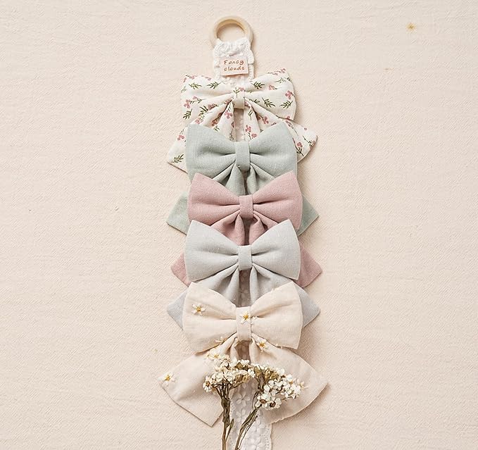 Hair Bows with Hair Clips for Girls Toddler Baby,Handmade 5" Flower Print Embroider Big Bows,FANCY CLOUDS Boutique Hair Accessorioes Gifts for School Kids