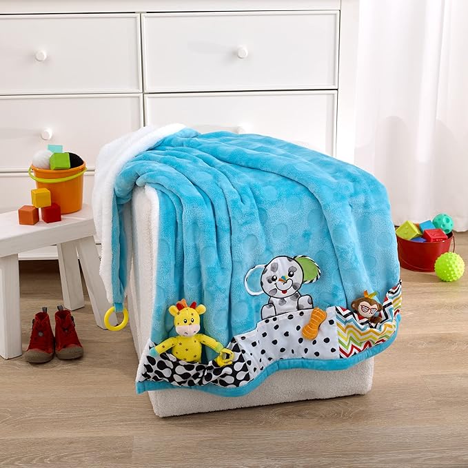 Sassy Baby Eli Elephant Aqua, Multi-Colored Super Soft Sherpa Baby Blanket with Teether Corners