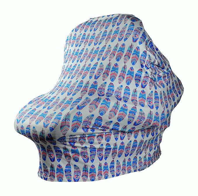 Baby Car Seat & Nursing Cover & Drawstring Carry Bag in Cute Feather Design Shower Gift Breathable Stretchy Universal 4 in 1 Multi-Use Infant Carseat Canopy Covers Shopping Cart High Chair Stroller