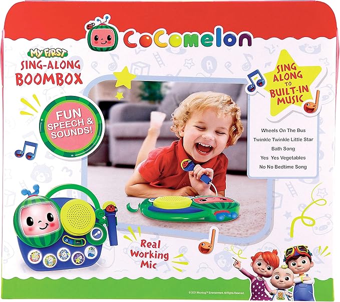 EKids Cocomelon Toy Singalong Boombox with Microphone for Toddlers and Young Children, Built-in Music and Flashing Lights, for Fans of Cocomelon Toys and Gifts