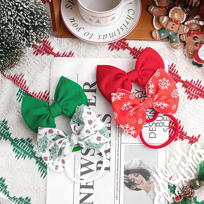 YanJie Christmas Baby Headbands Newborns Bows Red Green Printed Snowflake Baby Bows Nylon Headband Toddler Infant Hairbands Cheer Bow Christmas Gift