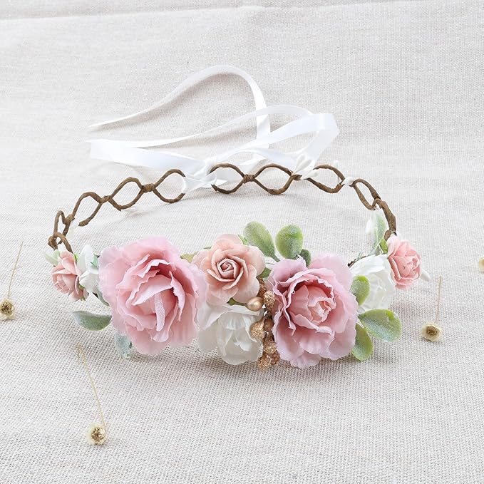 Flower Girl Flower Crown Pink Baby Girls Floral Headpieces Kids Headband Children Hair Wreath Photo Prop (Blush pink-Child Size)