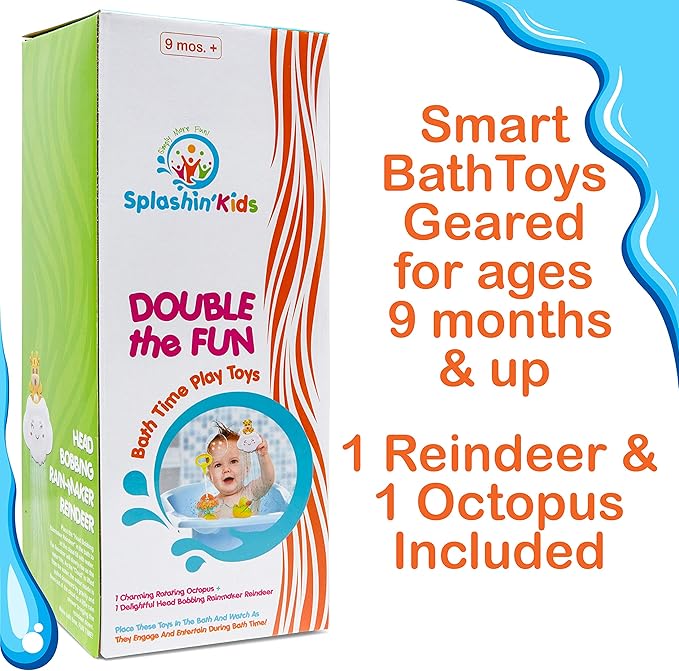 Splashin'kids Bath Toys Double The Fun Baby Toys Water Bathtub Toys Toddlers Rotating Octopus and Head Bobbing Reindeer