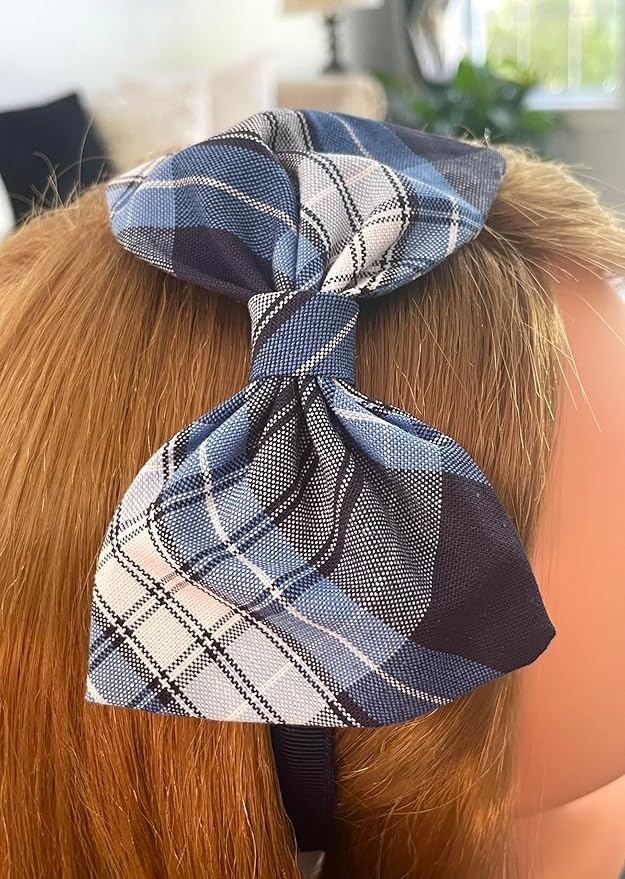 ClassExceed School Headband, Plaid bow headband, back to school, available in variety of school plaids (Plaid 76 Clear blue White Navy plaid, Regular)