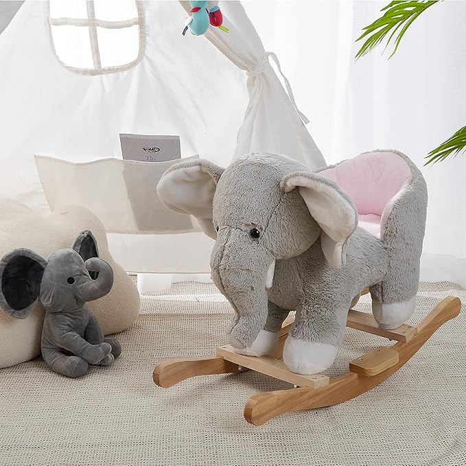 Baby Rocking Horse Wooden Rockers with Seat Elephant Rocking Horse Ride Plush Stuffed Animals Toy for Toddlers 1-3 (Gray,Elephant)