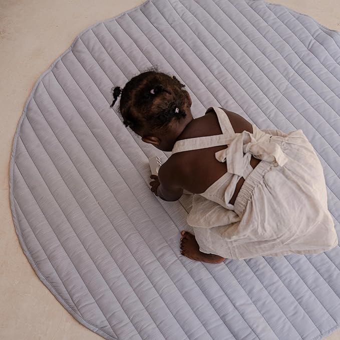 Toddlekind Organic Cotton Reversible Play Mat – 48" Handmade Blanket for Floor Activities, Tummy Time, Nursery Decor, and Family Comfort 0m+ Stone Stripes (Gray)