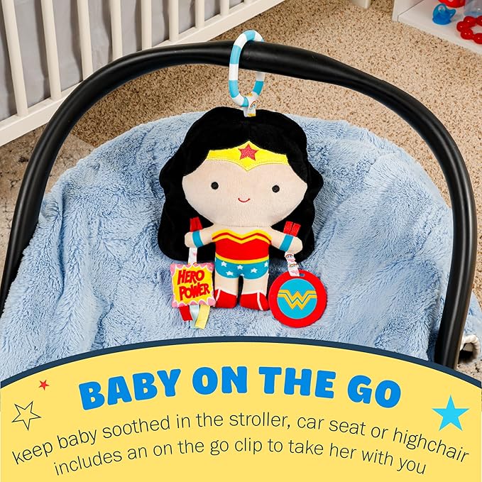 Kids Preferred DC Comics Wonder Woman Multi Sensory Activity Toy with Teethers, Crinkle Textures, and Clip for On The Go Fun for Infant and Baby Boys and Girls Medium