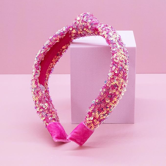FROG SAC Sequin Knot Headband for Girls, Pink Knotted Hair Bands Accessories for Kids, Sparkly Iridescent Little Girl Headbands, Cute Fashion Hairbands for Tweens Stocking Stuffers for Children
