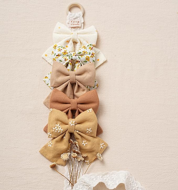 Hair Bows with Hair Clips for Girls Toddler Baby,Handmade 5" Flower Print Embroider Big Bows,FANCY CLOUDS Boutique Hair Accessorioes Gifts for School Kids