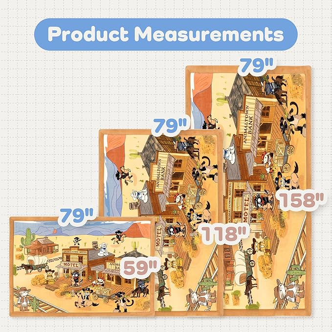 1.5" Thick Educational Extra Large Baby Floor Play Mat 79x158, Flannel Padded Memory Foam Kids Mat, Non-Slip Plush Playmat for Nursery Playroom Classroom (Western Cowboy)