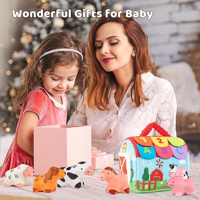 Baby Sensory Toys 6-12 Months, Montessori Stuffed Farm Animals with Rattle Crinkle Mirror, Soft Plush Toys for 6 Months+, Easter Basket Stuffers Gifts for Infant Boys Girls